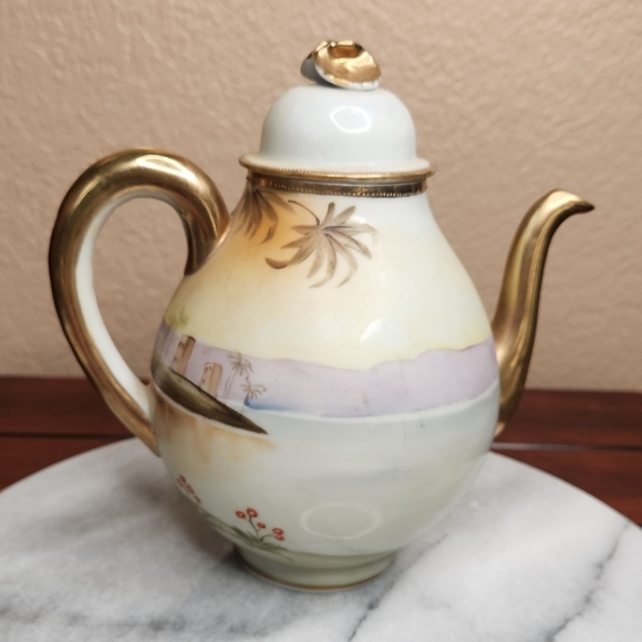 Vintage Nippon Hand Painted Palm Tree Tea Set Porcelain Good Condition - Picture 6 of 15